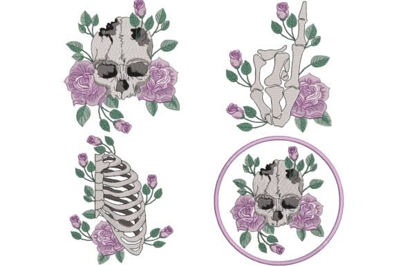 Set of 4 Skull and Skeleton with Roses